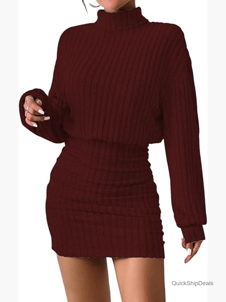 Ribbed Knit Pullover Sweater Dress Long Lantern Sleeve Turtle Neck Mini